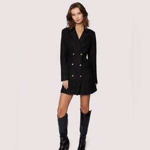 Lost + Wander black tailored blazer dress with gold buttons and cut out in back